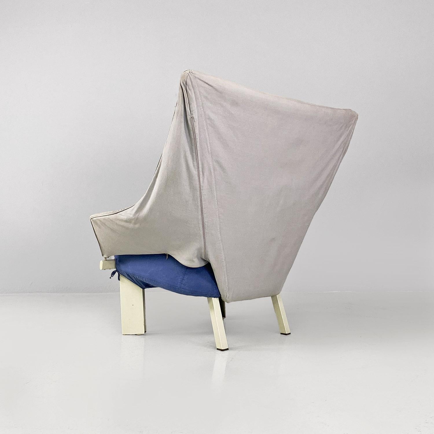 Italienische postmoderne Sessel aus grauem, blauem Stoff und weißem Holz, 1980er Jahre im Angebot 2