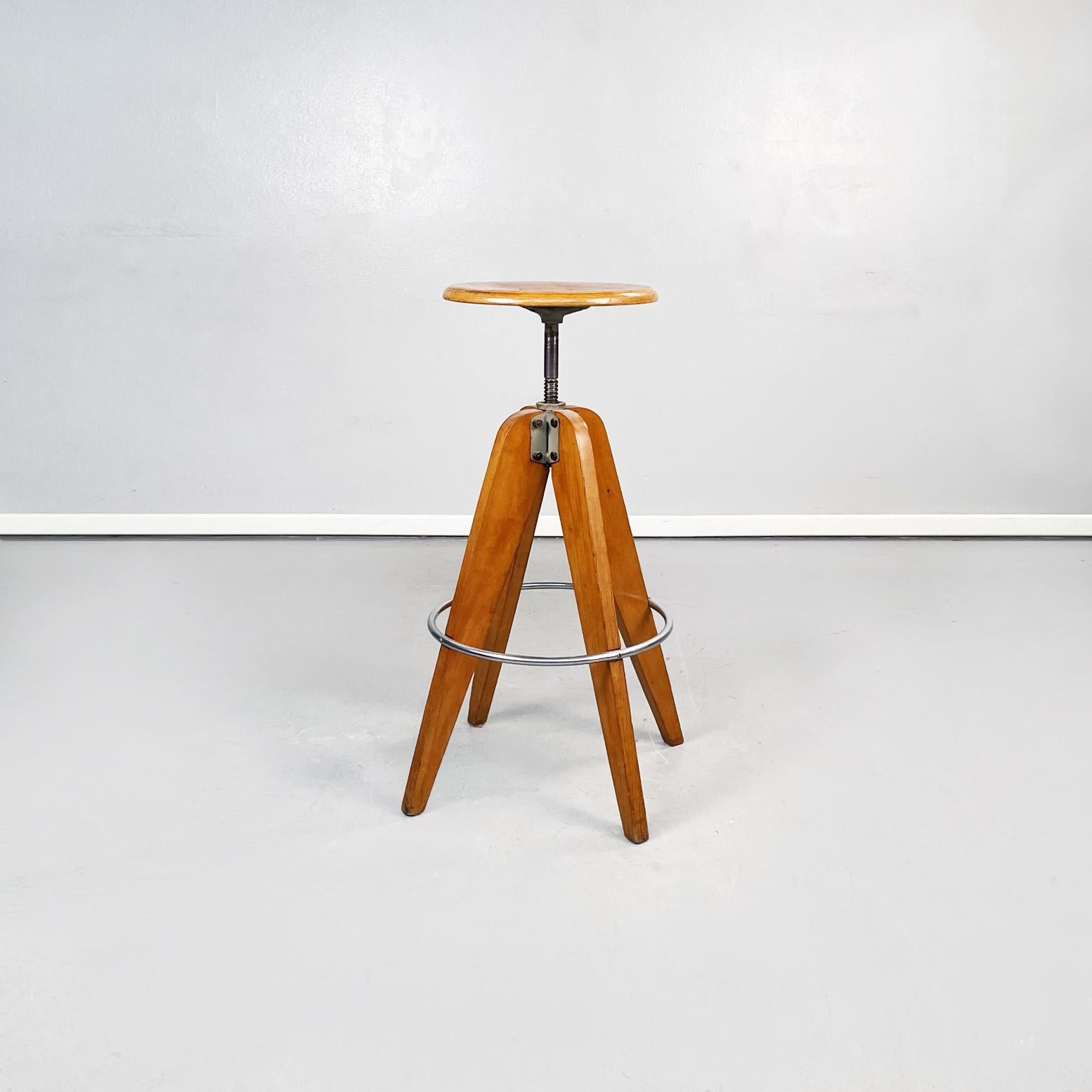 Post-Modern Italian mid century High Round Stool in Wood and Metal, 1950s