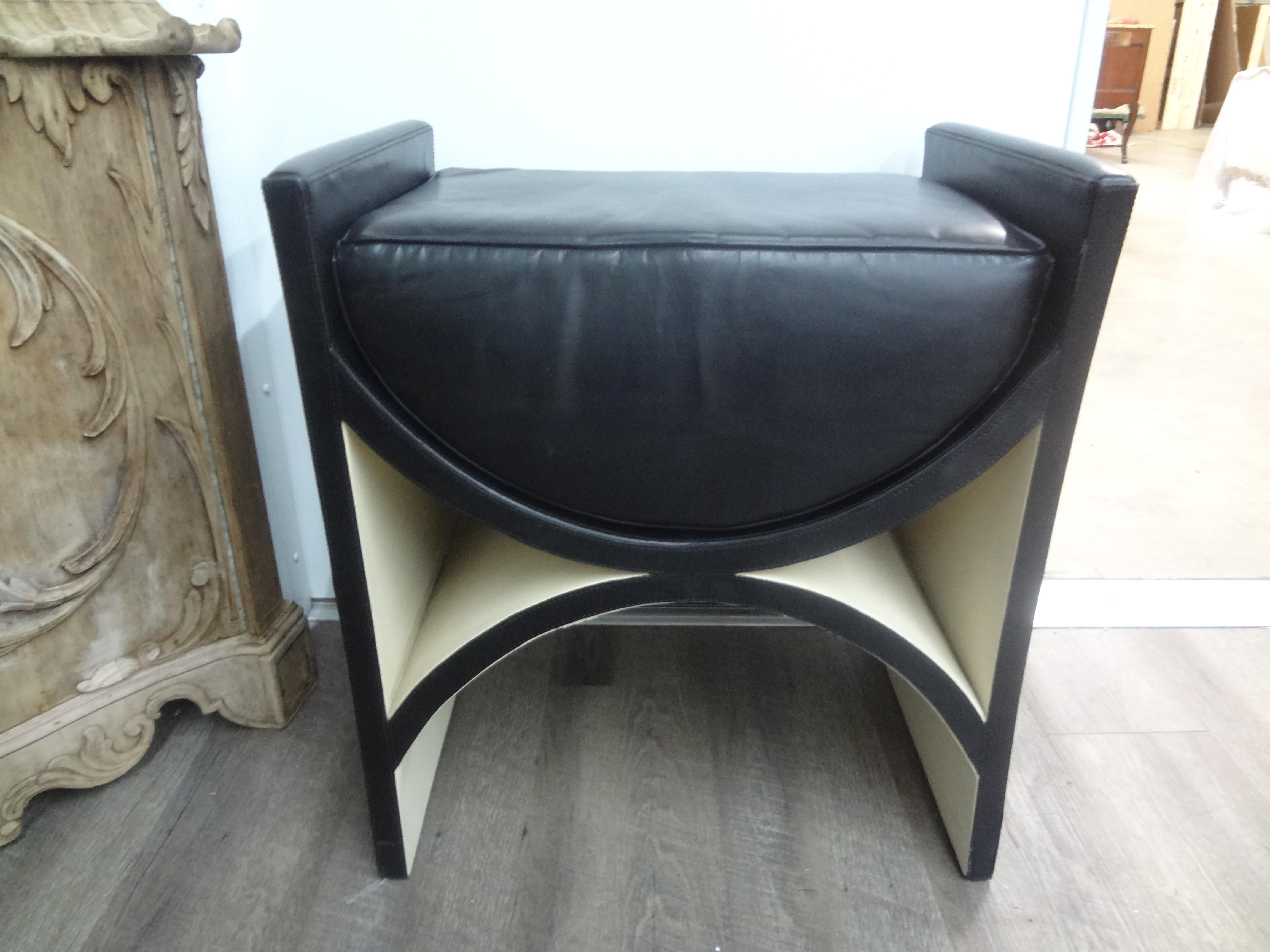 Italian postmodern leather bench.
This stunning and sculptural Italian bench is most interesting and comfortable.
This great Roche Bobois style bench is perfect for extra seating or use as a vanity stool.
Visually interesting!