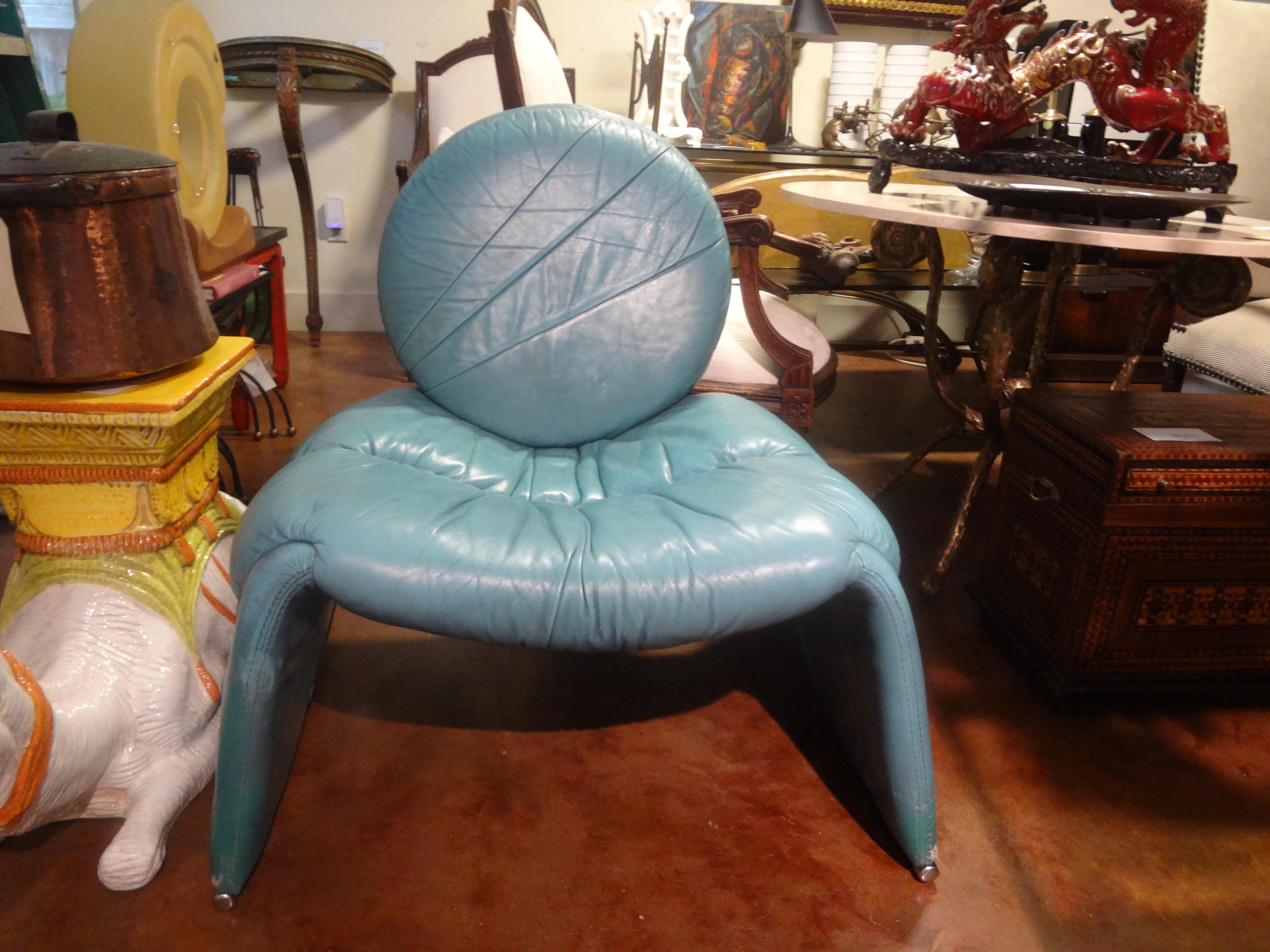 Italian Post Modern leather chair by Vittorio Introini For Saporiti Italia 1970. This stunning Italian modern lounge chair or side chair with chrome supports is upholstered in its original light turquoise leather. Extremely comfortable with an