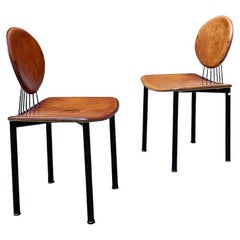 Italian Post Modern Pair of Original Cognac Leather and Black Metal Chairs 1980s