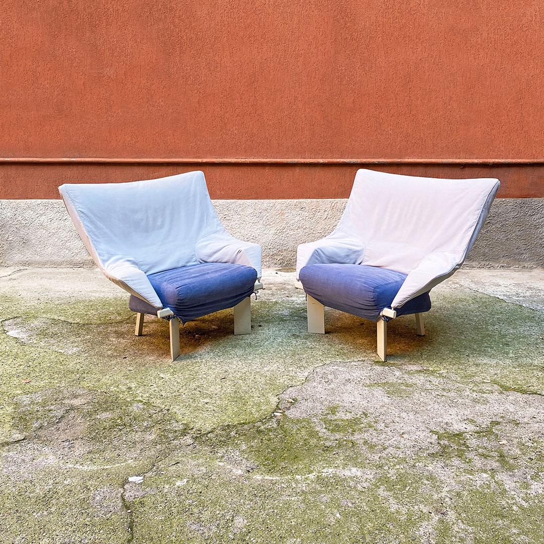Post-Modern Italian Post Modern Pair of Wood and Grey-Blue Fabric Armchairs, 1980s For Sale