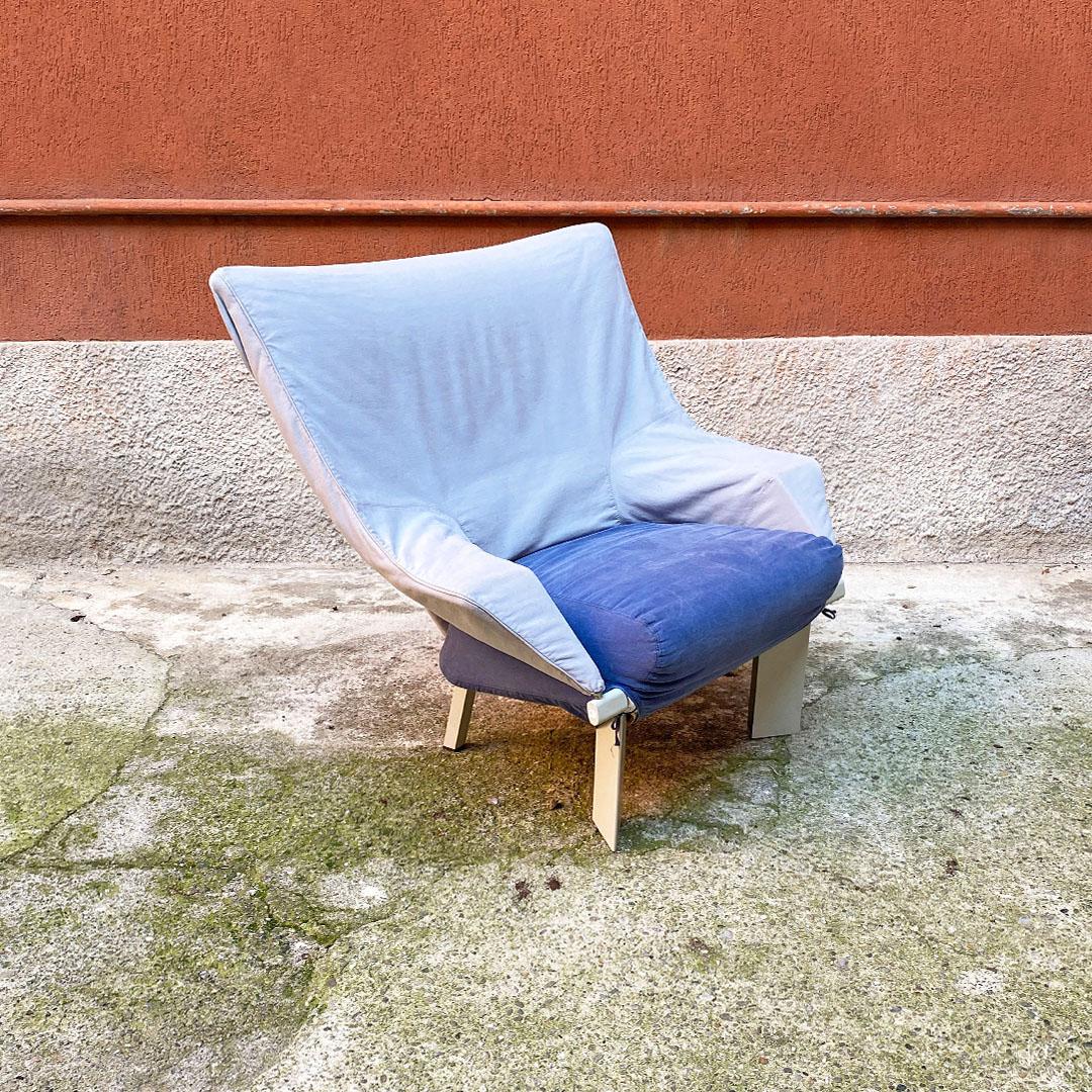 Italian Post Modern Pair of Wood and Grey-Blue Fabric Armchairs, 1980s For Sale 1