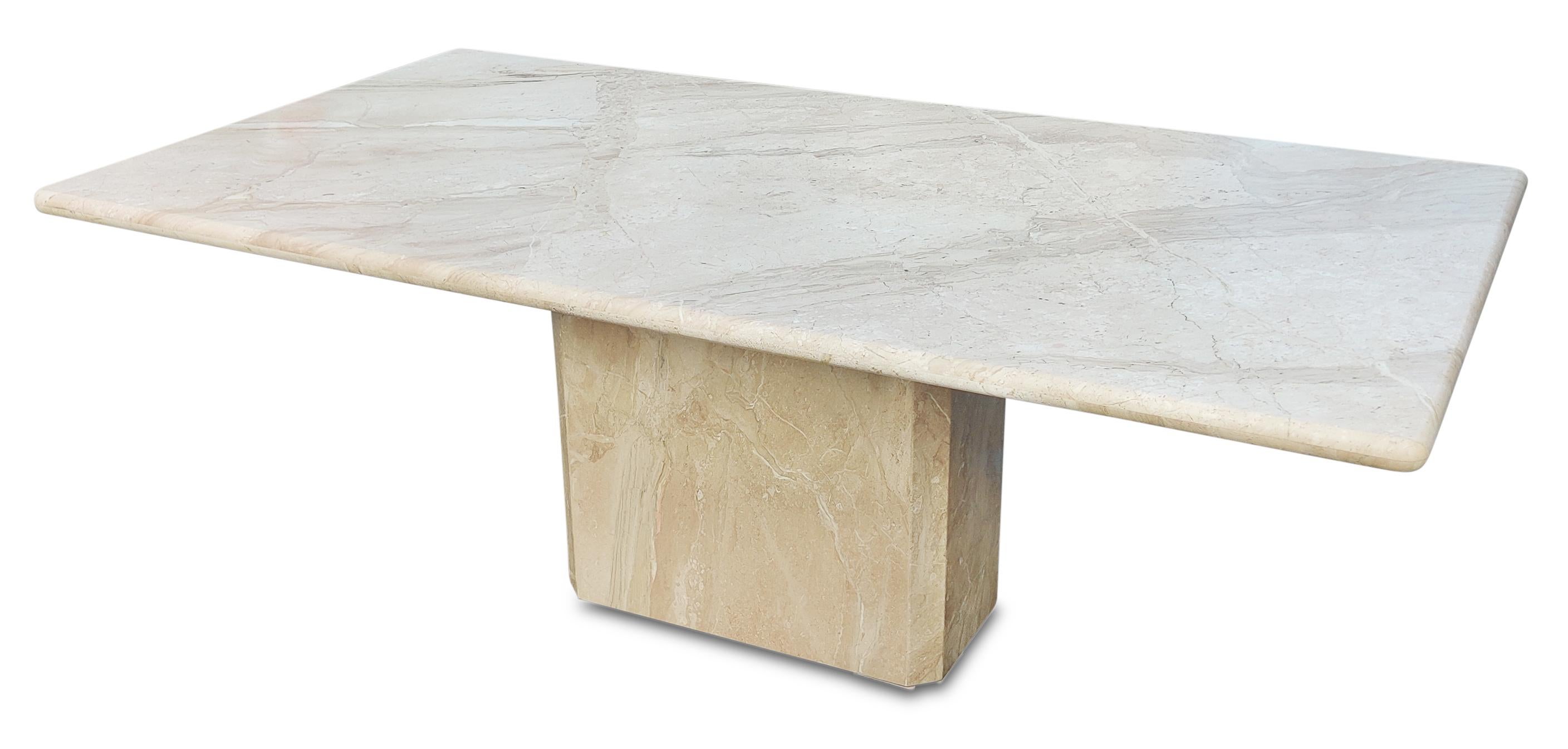 Italian Post-Modern Polished Beige or Cream Large Marble Pedestal Dining Table In Good Condition In Philadelphia, PA