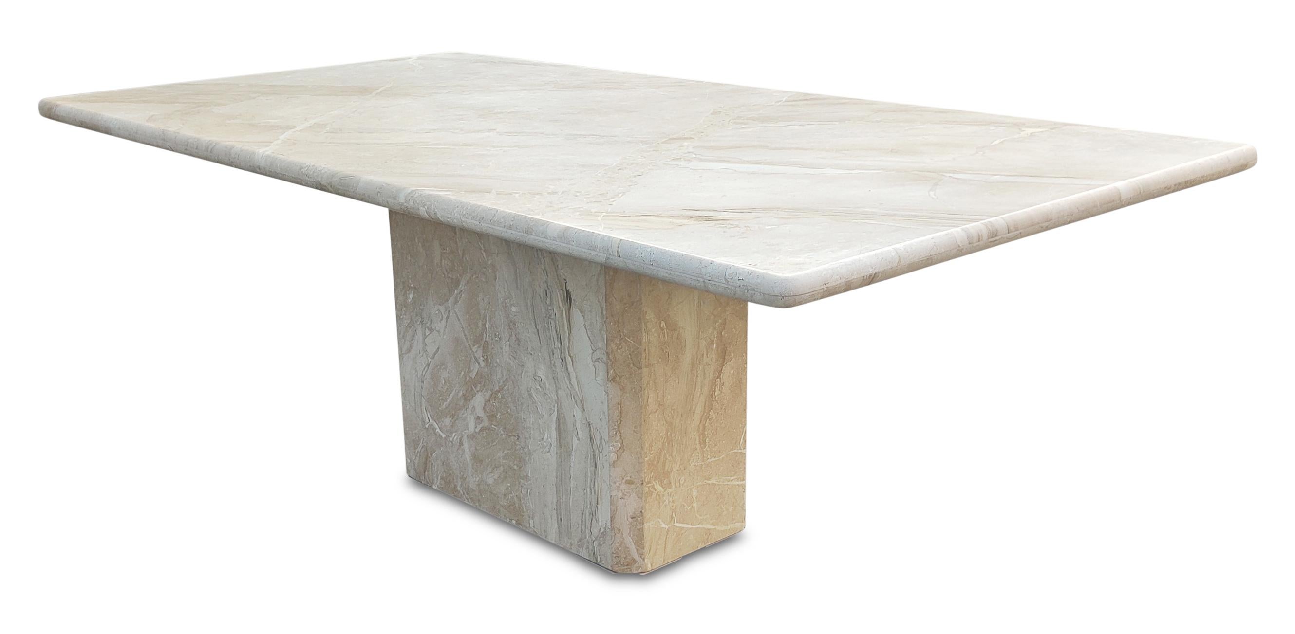 Italian Post-Modern Polished Beige or Cream Large Marble Pedestal Dining Table 1