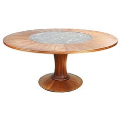 Italian mid century Round Dining Table in Wood and Dark Marble, 1940s