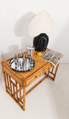 Italian Post Modern Round Tray in Black Lucite, Chrome metal and Mirrored Top