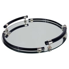 Italian Post Modern Round Tray in Black Lucite, Chrome metal and Mirrored Top