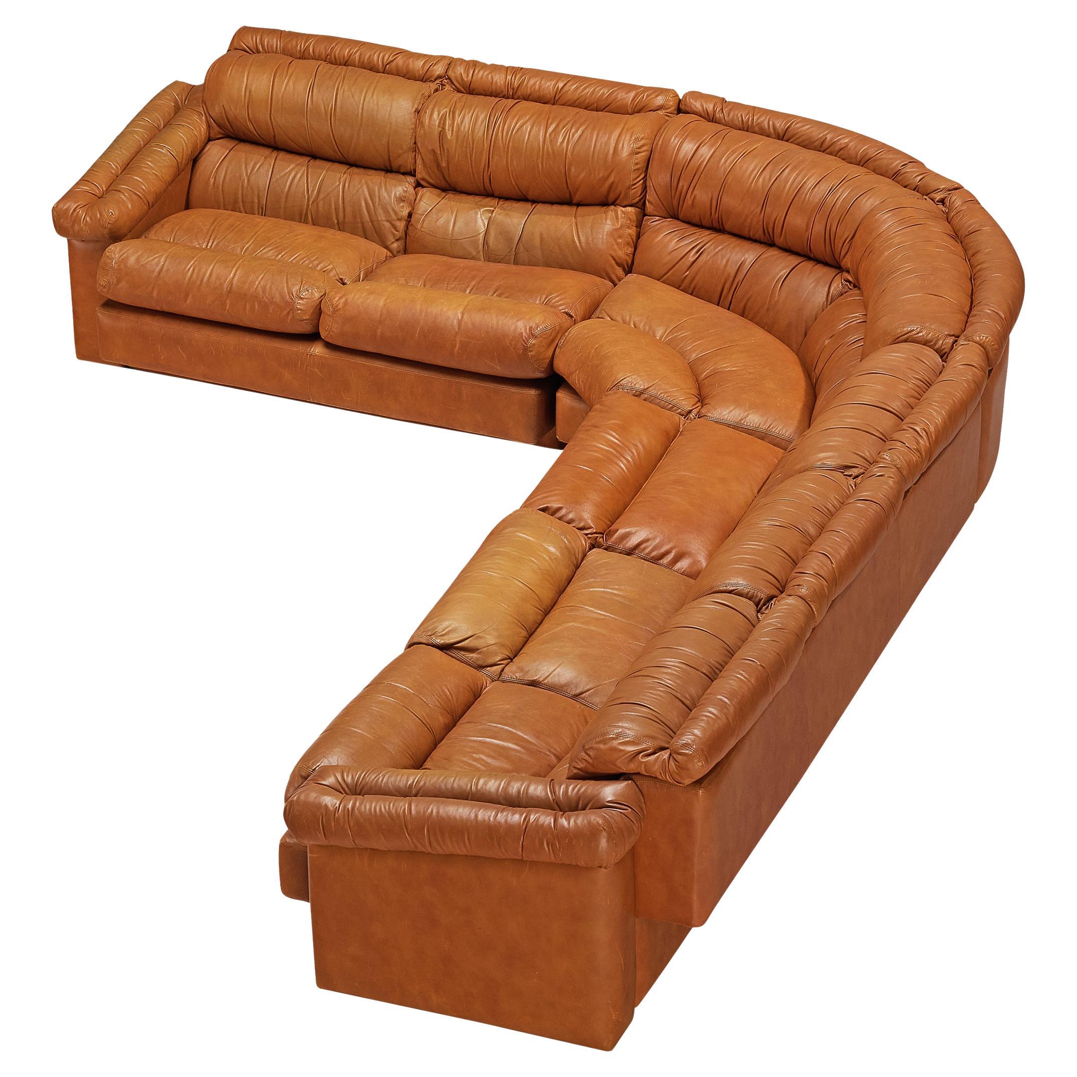 Italian Post-Modern Sectional Corner Sofa in Cognac Brown Leather