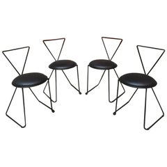 Italian Postmodern Set of 4 Black Painted Iron Rod and Leather Chairs, 1980s