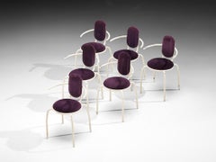 Italian Post-Modern Set of Six Armchairs in Purple Corduroy and Lacquered Steel