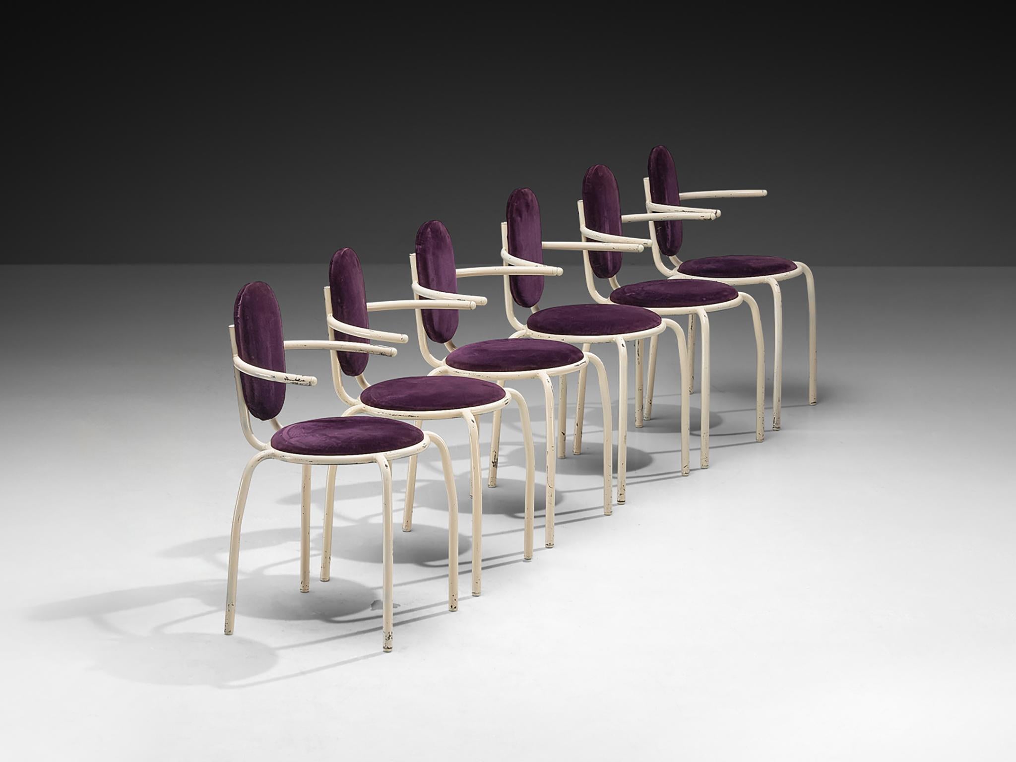 Late 20th Century Italian Post-Modern Set of Six Armchairs in Purple Corduroy and Lacquered Steel For Sale