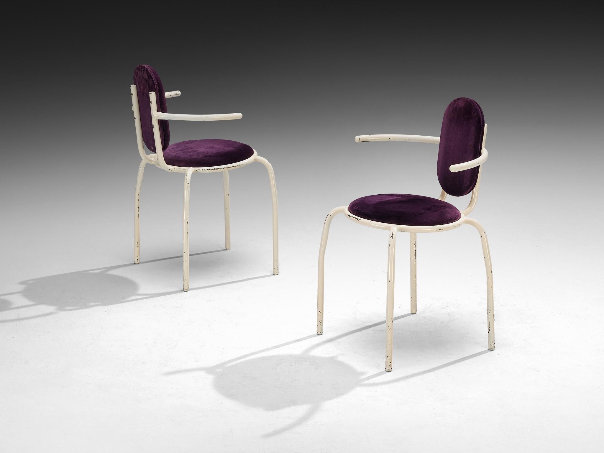 Italian Post-Modern Set of Six Armchairs in Purple Corduroy and Lacquered Steel For Sale 1