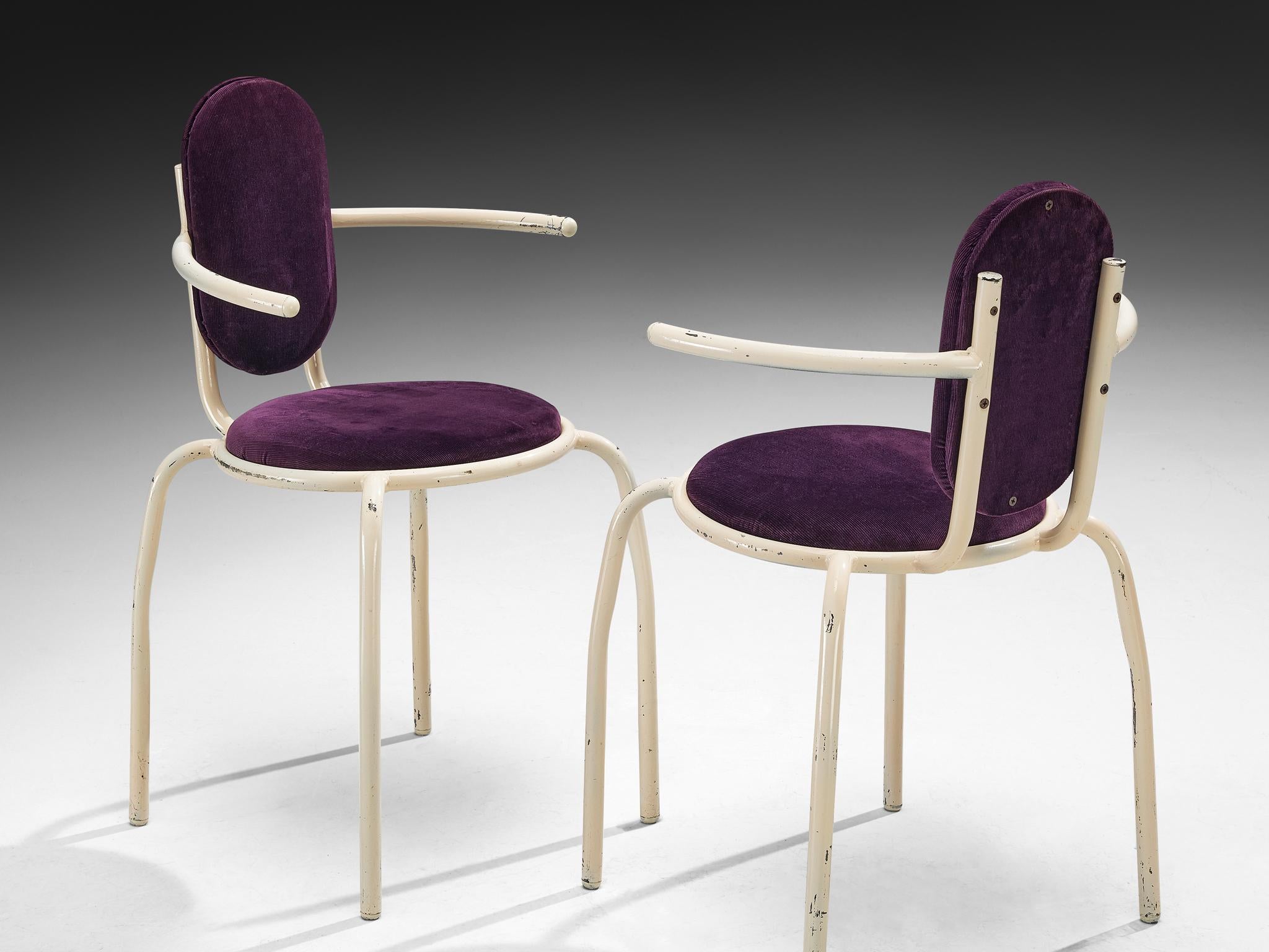 Italian Post-Modern Set of Six Armchairs in Purple Corduroy and Lacquered Steel For Sale 3