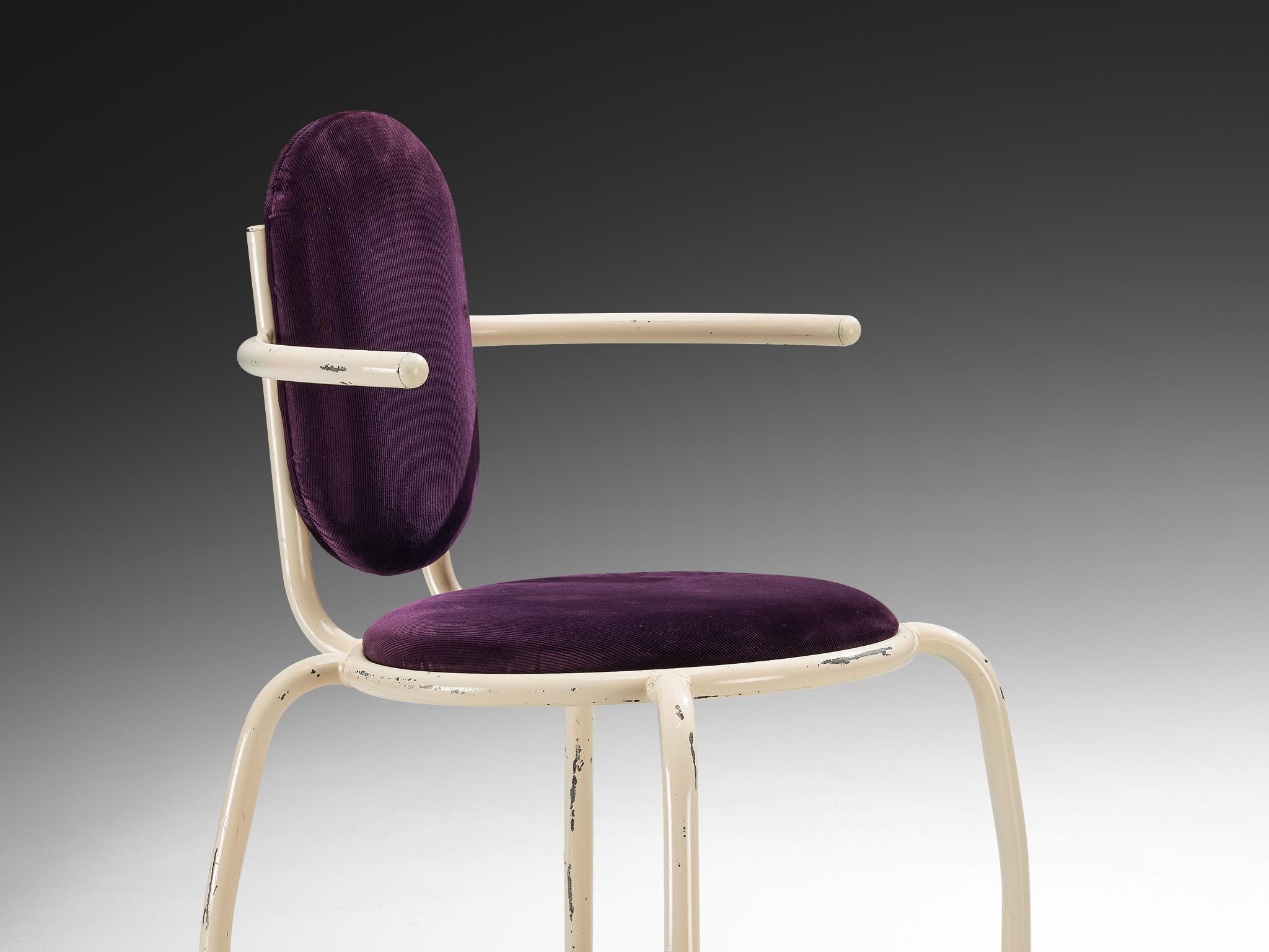 Italian Post-Modern Set of Six Armchairs in Purple Corduroy and Lacquered Steel For Sale 5