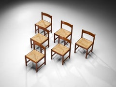 Italian Post-Modern Set of Six Dining Chairs in Wood and Rush