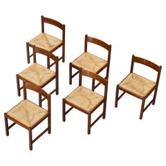 Italian Post-Modern Set of Six Dining Chairs in Wood and Rush