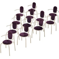 Italian Post-Modern Set of Twelve Armchairs in Purple Corduroy and Steel