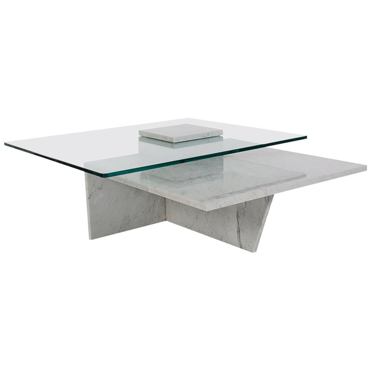Italian Postmodern Smaller Scale Marble and Glass Square Cocktail Table For Sale