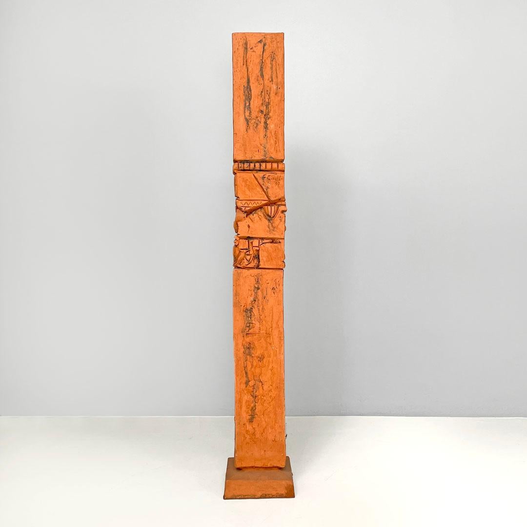 Italian post-modern terracotta sculpture by Edmondo Cirillo, 1997
Sculpture with a square base in terracotta, it develops in height and resembles a totem. The sculpture is modeled with geometric and decorative shapes, which in many points recall the