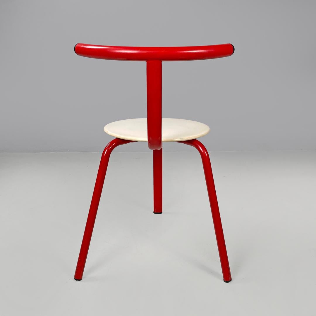 Late 20th Century Italian post-modern three legged red and white metal chair with round seat 1980s For Sale