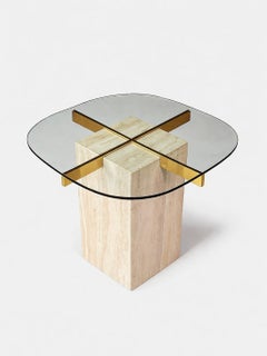 Tavolino italiano post-moderno in travertino e ottone di Artedi