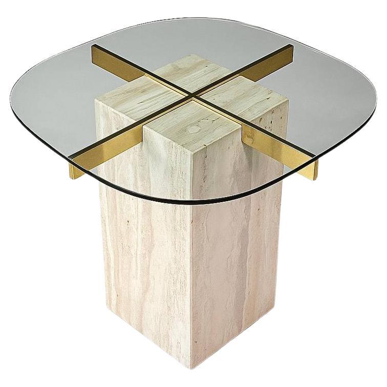 Table d'appoint italienne post-moderne en pierre de travertin et laiton par Artedi