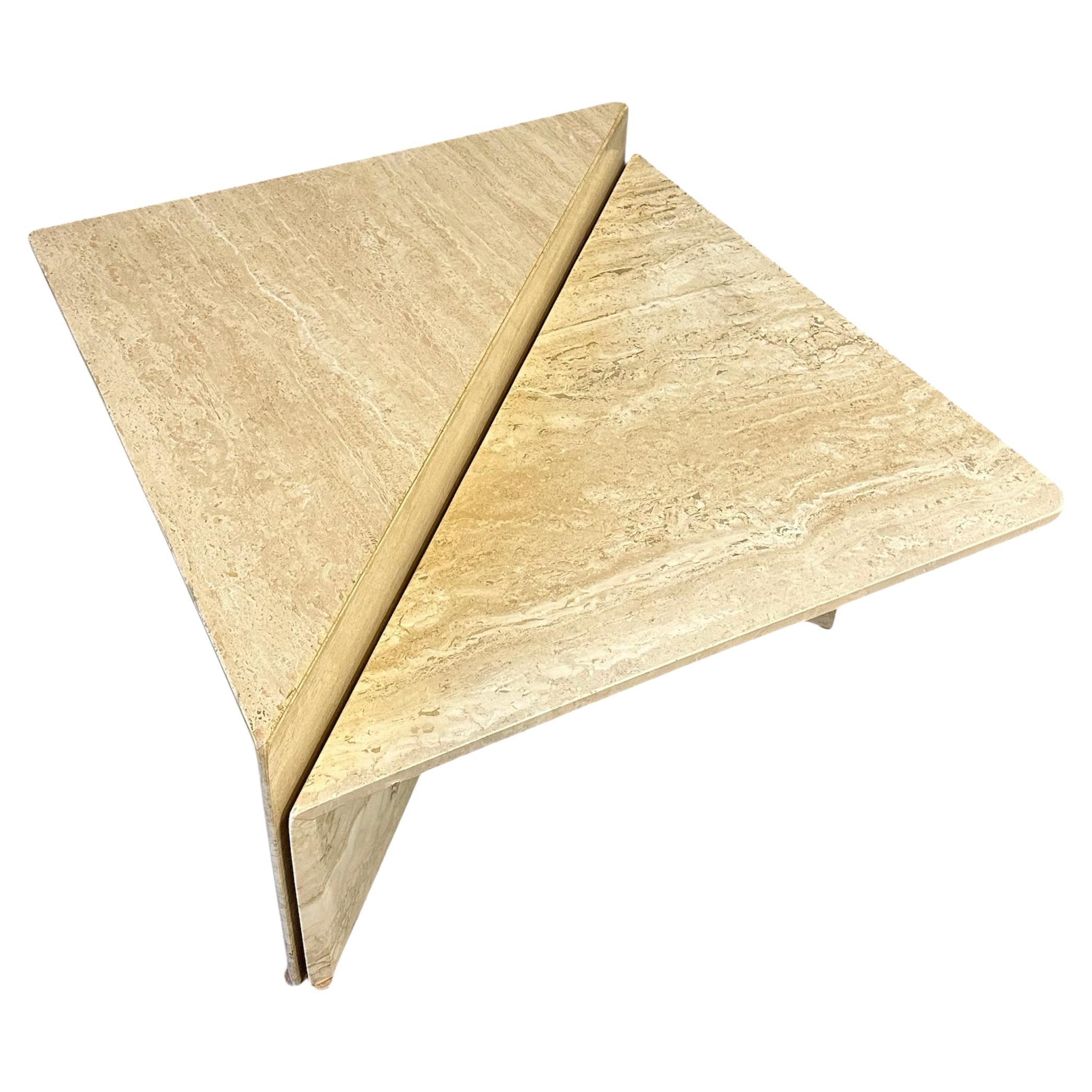 Italian Post Modern Travertine Triangular Marble 2 Piece Cocktail Table
