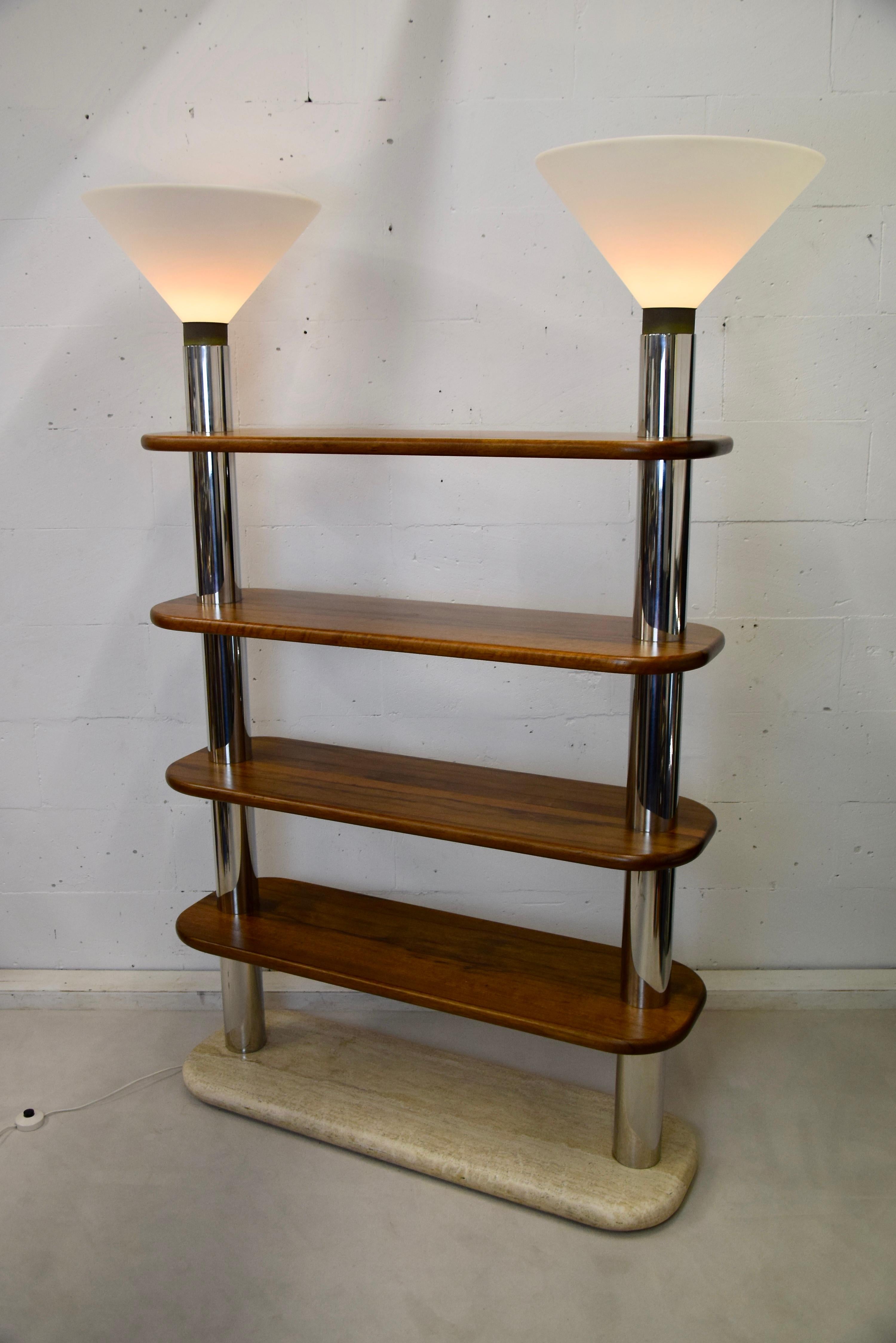 Late 20th Century Italian Post Modern Travertine, Wood and Polished Stainless Steel Bookcase For Sale