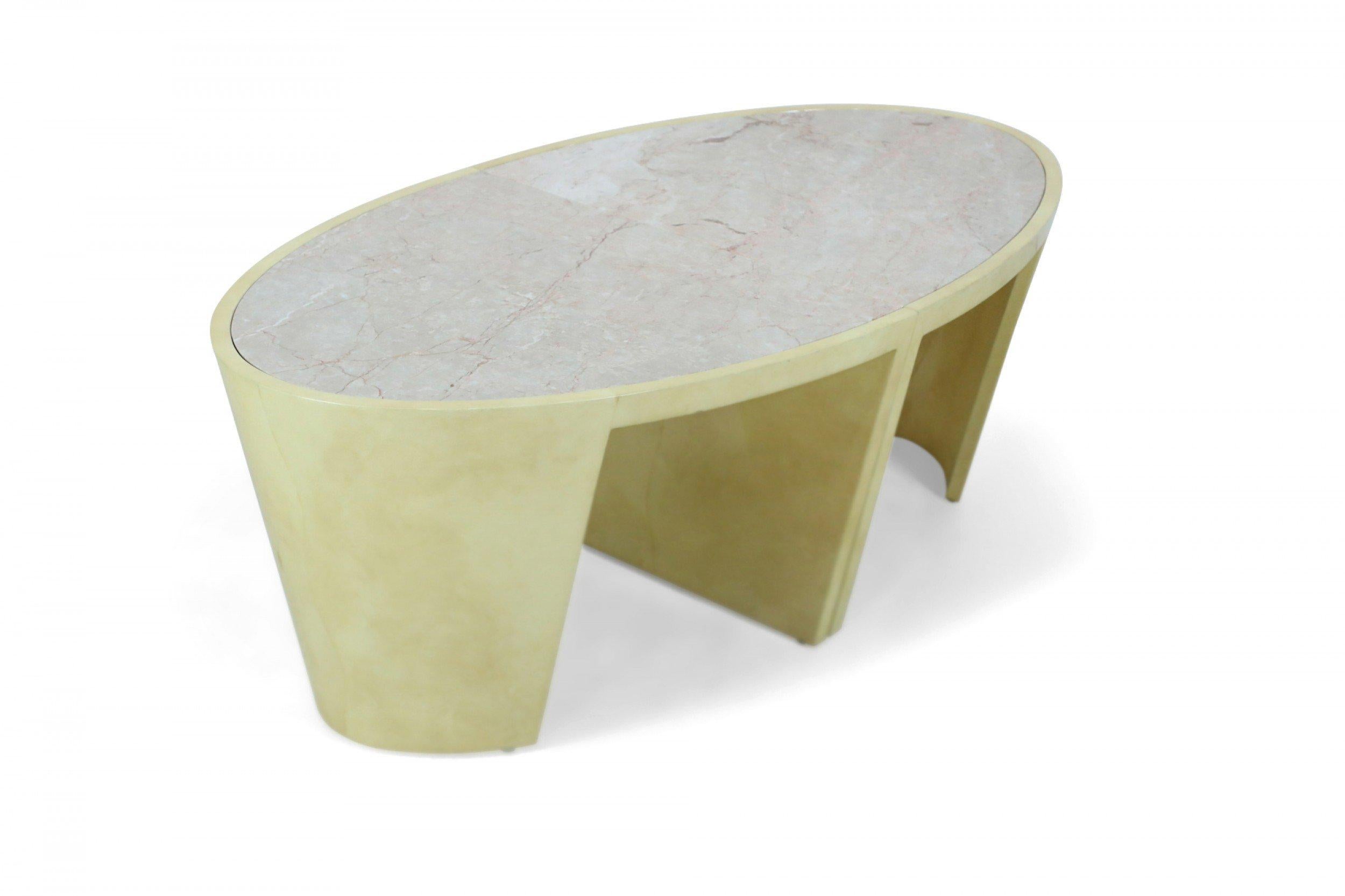 Italian Post-Modern Two-Piece Oval Parchment and Marble Coffee Table In Good Condition For Sale In New York, NY