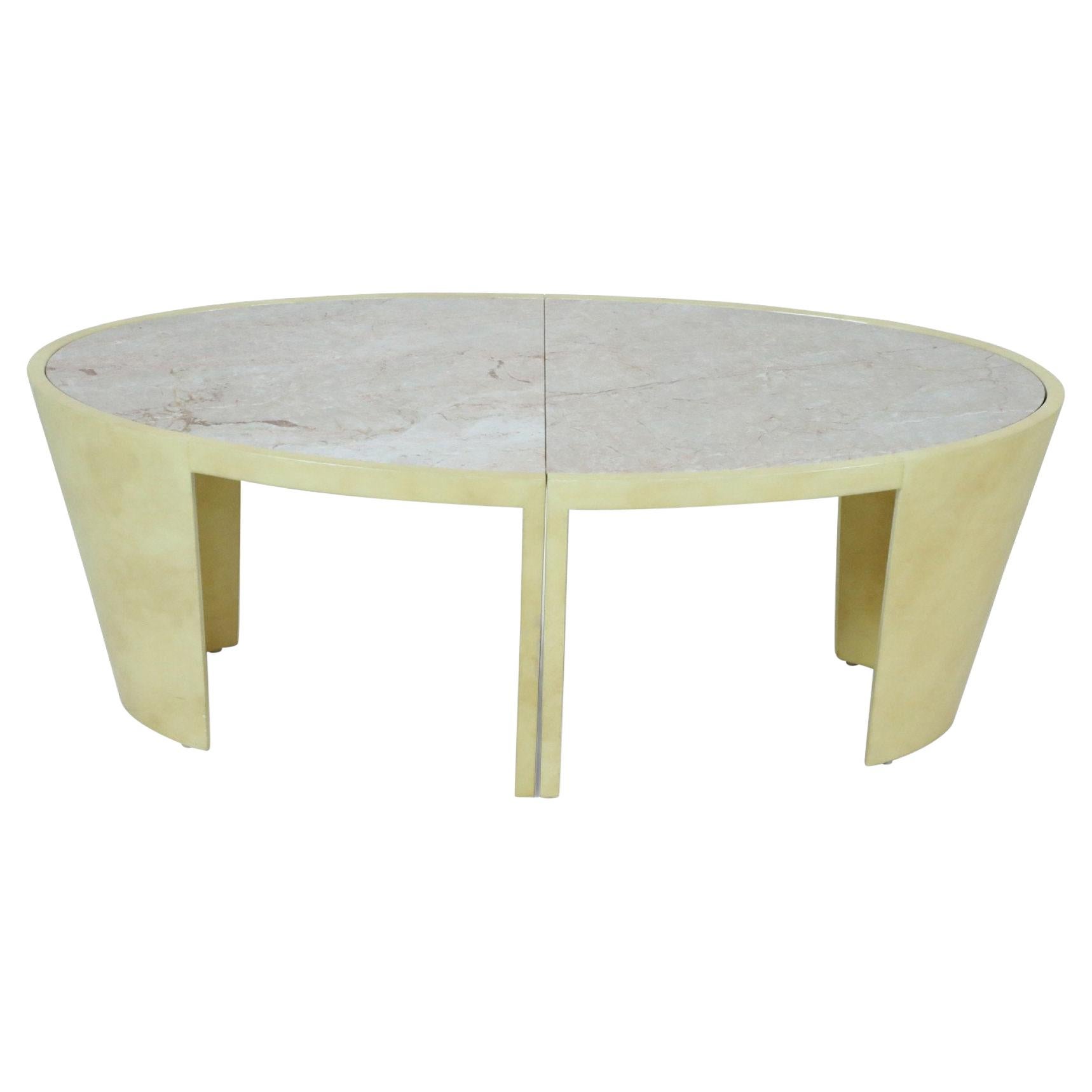 Italian Post-Modern Two-Piece Oval Parchment and Marble Coffee Table