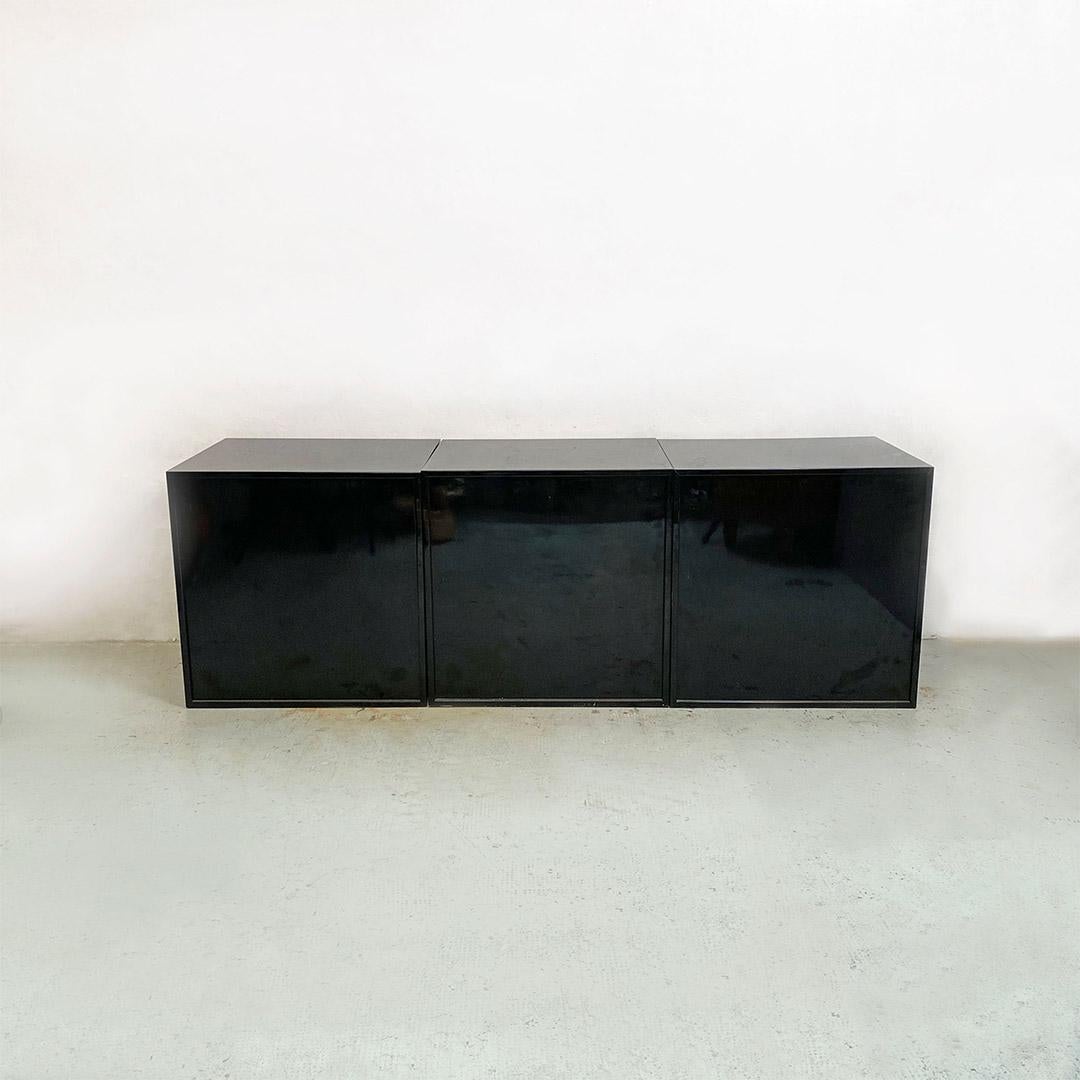 Italian Post Modern Wood Glossy Black and Mirrored Modular Sideboard, 1980s 1