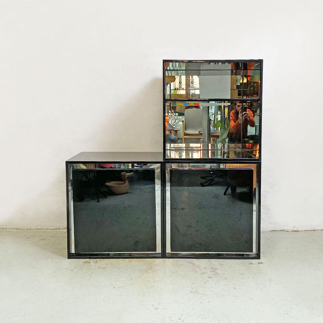 Italian Post Modern Wood Glossy Black and Mirrored Modular Sideboard, 1980s 4