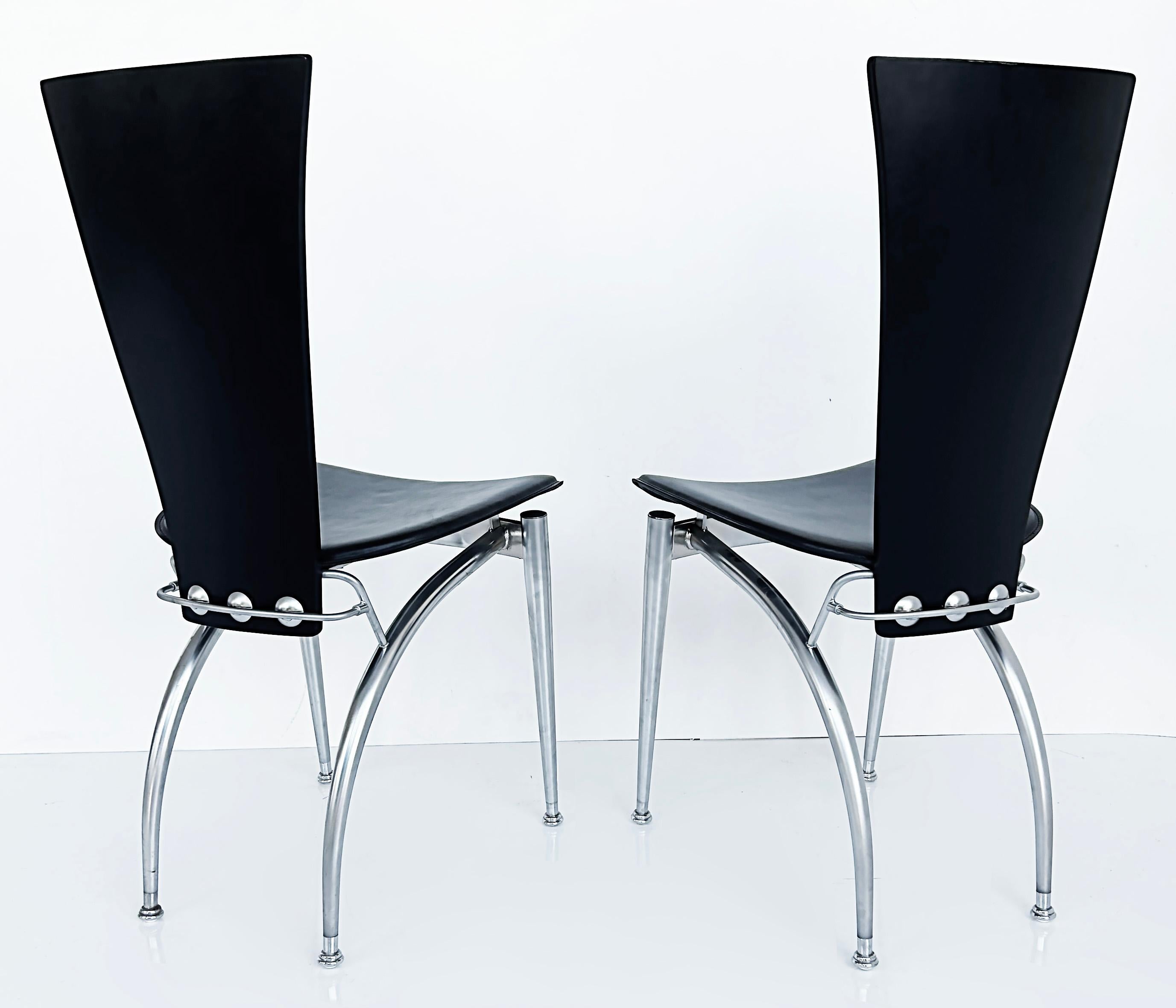 Chaises de salle à manger italiennes post-modernes en bois, cuir et acier inoxydable, lot de 4 en vente 4