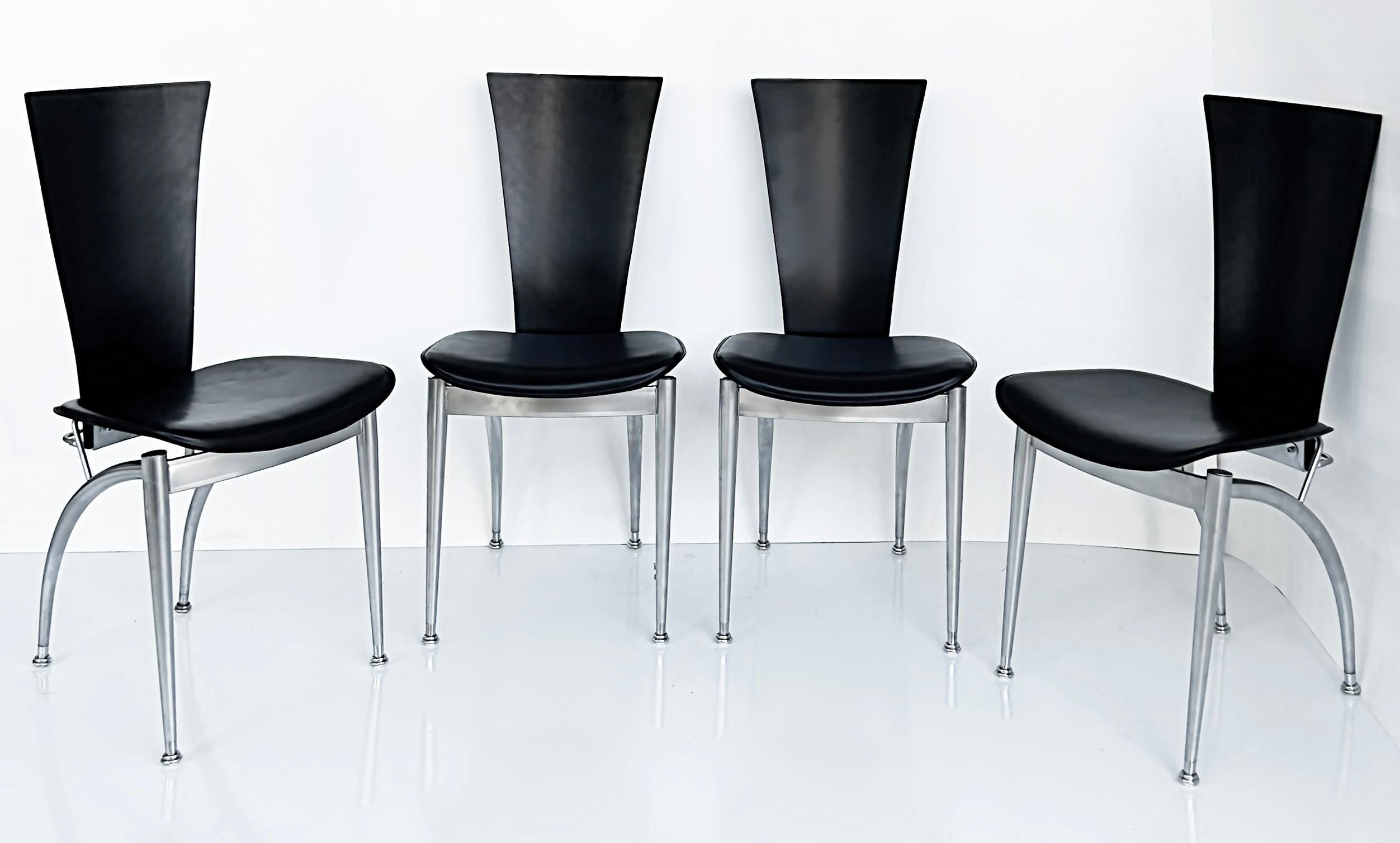 Chaises de salle à manger italiennes post-modernes en bois, cuir et acier inoxydable, lot de 4 en vente 9