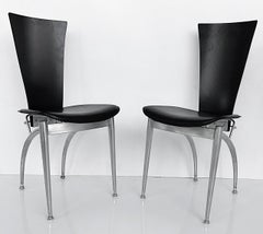 Italian Post-Modern Wood, Leather, Stainless Dining Chairs, Set of 4