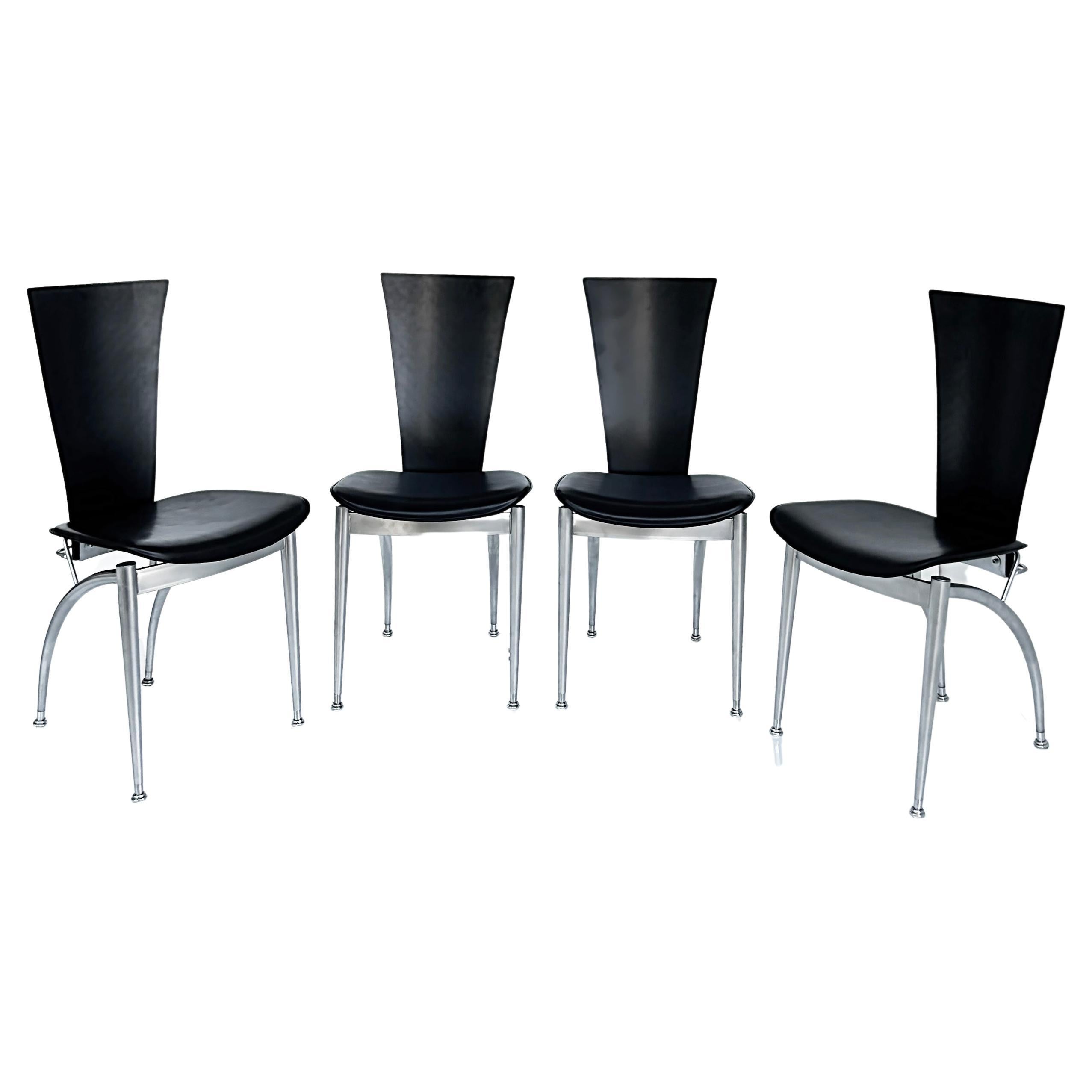 Italian Post-Modern Wood, Leather, Stainless Dining Chairs, Set of 4