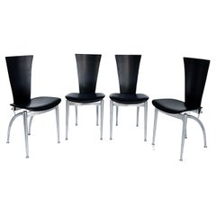 Italian Post-Modern Wood, Leather, Stainless Dining Chairs, Set of 4