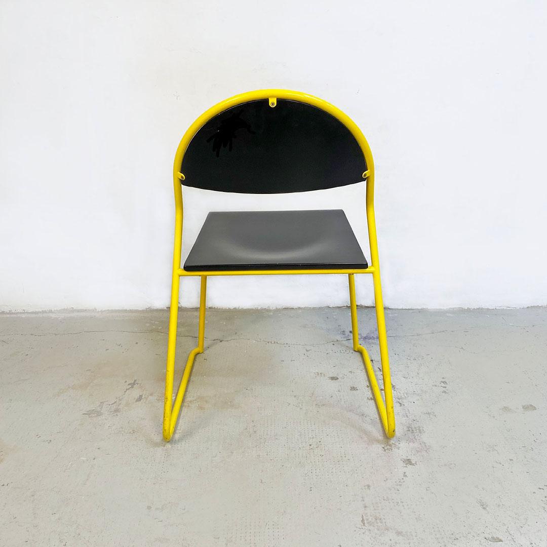 Late 20th Century Italian Post Modern Yellow Metal Rod and Mat Black Wood Chair, 1980s