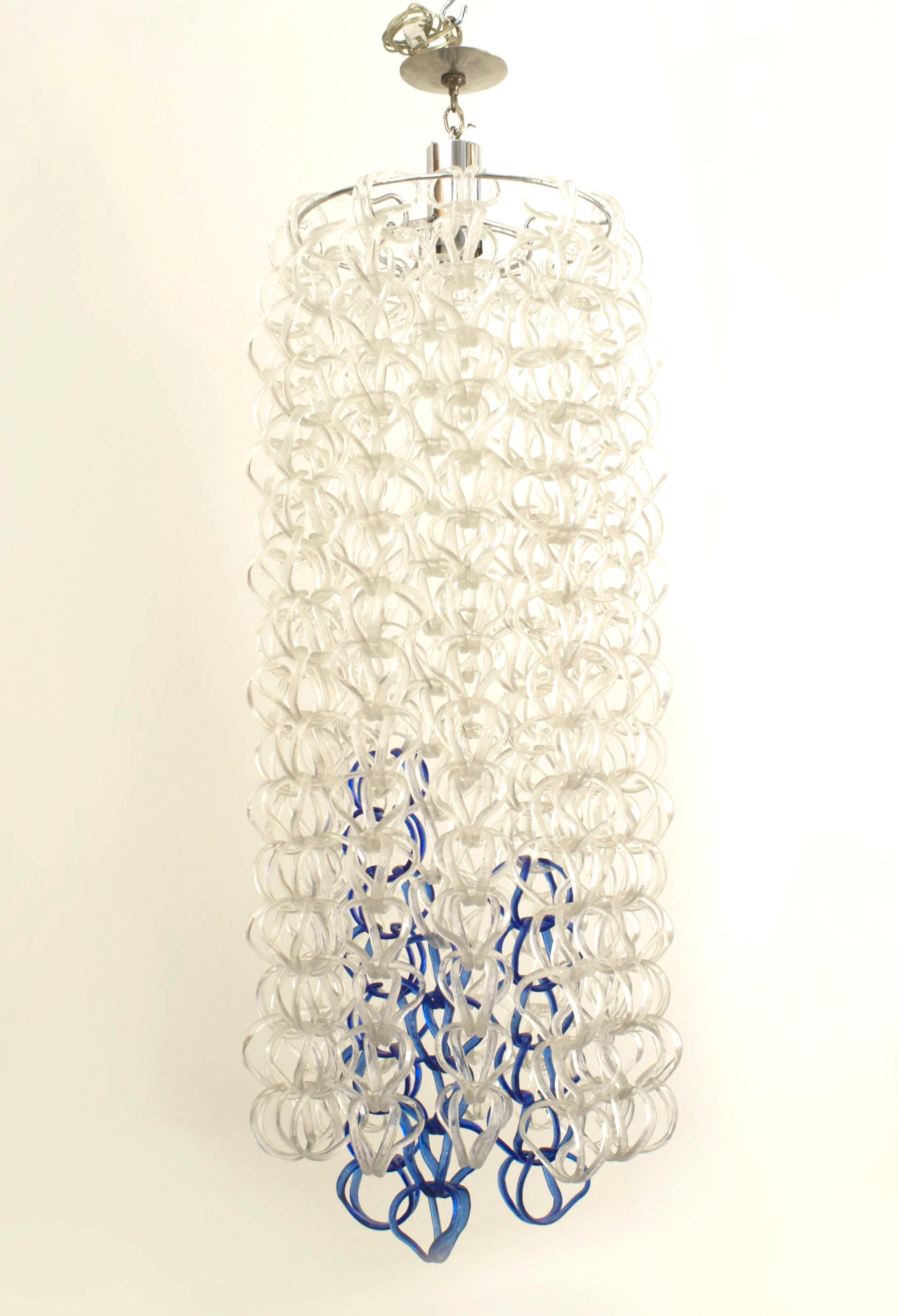 Italian Post-War Design (1960s) chandelier with crystallized clear & blue glass in the form of interlocking rings suspended from a chrome canopy. (by ANGELO MANGIAROTTI for VISTOSI)
