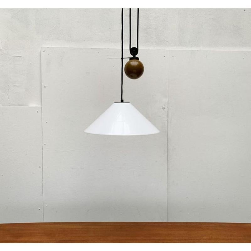 Train pendant lamp from the aggregato series from the italian manufacturer artemide according to a design by enzo mari and giancarlo fassina from the 1970s.

the complex train pendulum system of the lamp with the ball weight is striking. The shade
