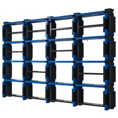 Italian Postmodern Architectural Wall Unit in Lacquered Black and Blue Wood