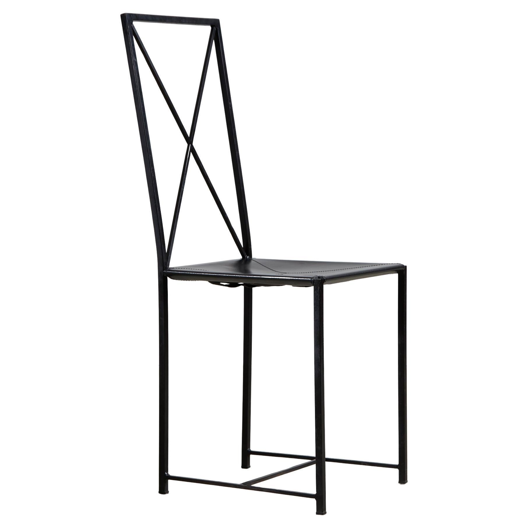 Italian Postmodern Black Leather Dining Chair with "X" Shape, 1980s For Sale