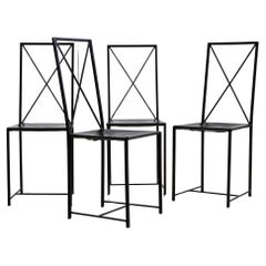 Italian, Postmodern Black Leather Dining Chairs with "X" Shaped Stretcher