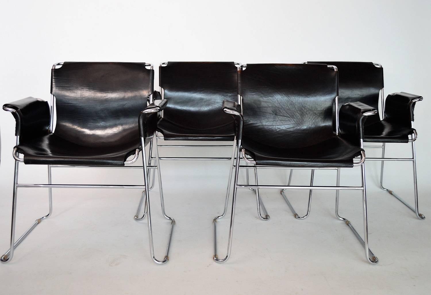Beautiful set of four chairs made of chromed base frame and thick leather.
Made in Italy, circa 1970s.
The leather is in very good vintage condition with small signs of wear and use, have been cleaned and treated with special leather agents.
The