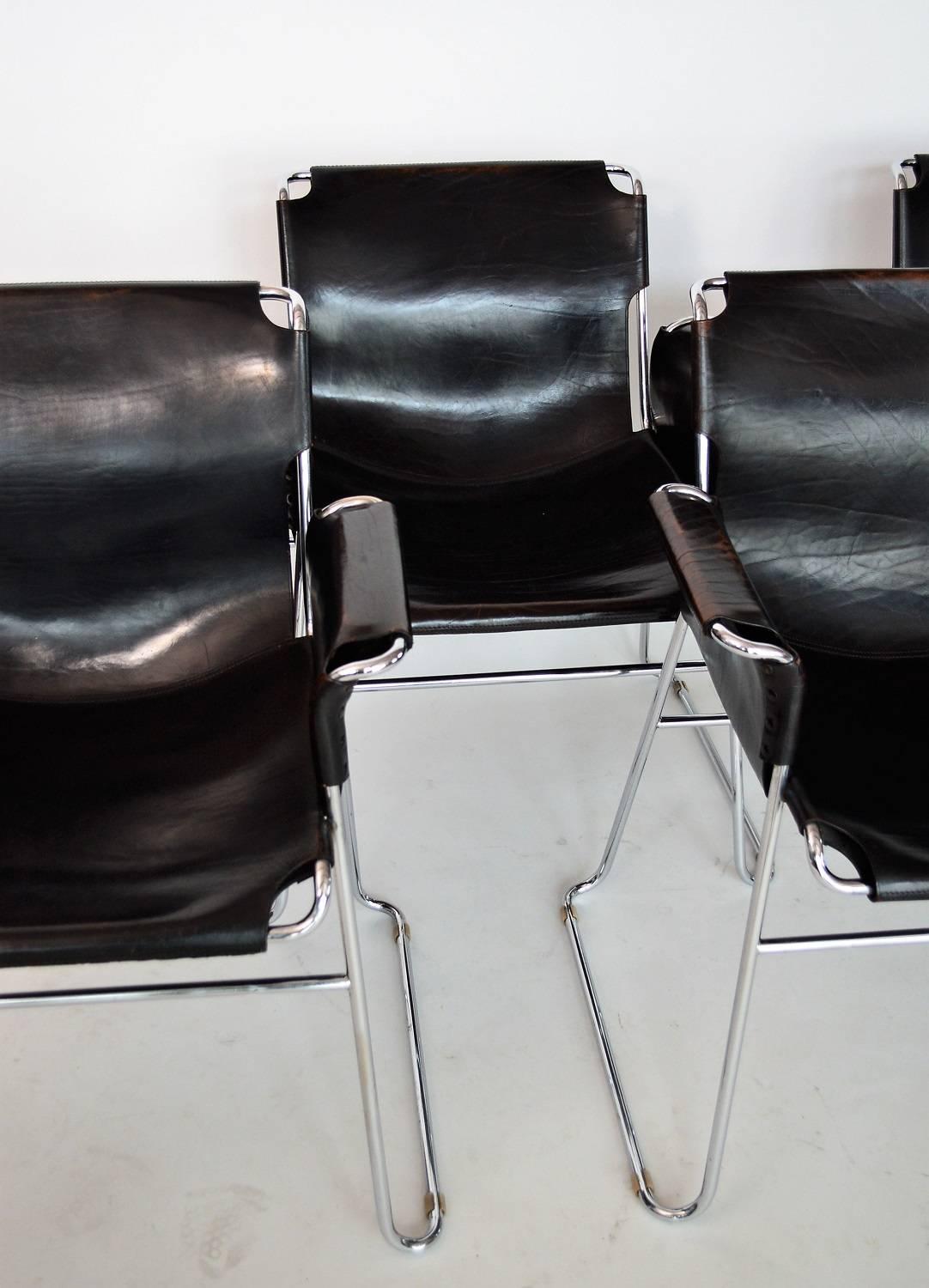 Italian Postmodern Chrome and Leather Chairs, Set of Four 1