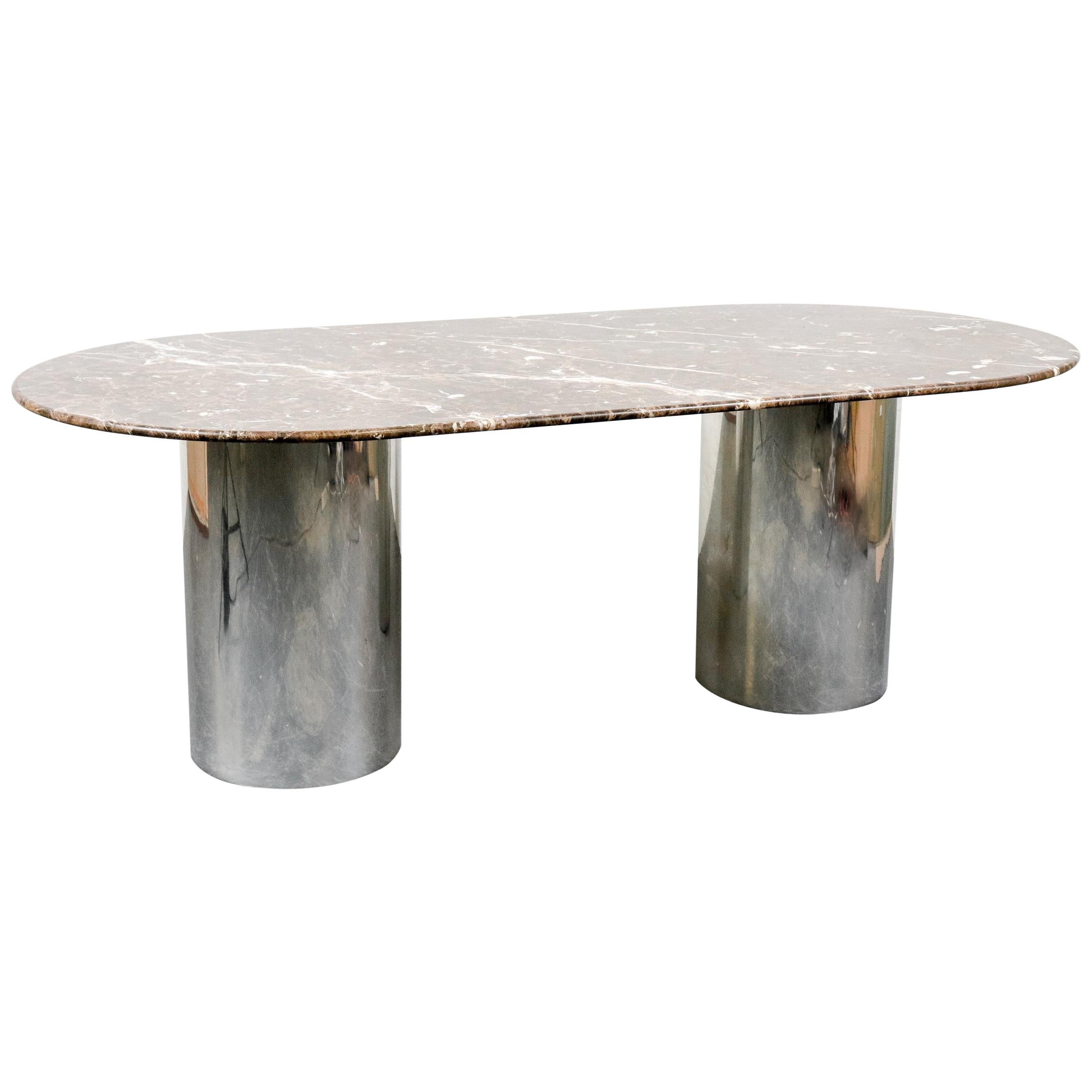 Italian Postmodern Chrome Dining Table with Emperador Marble Top