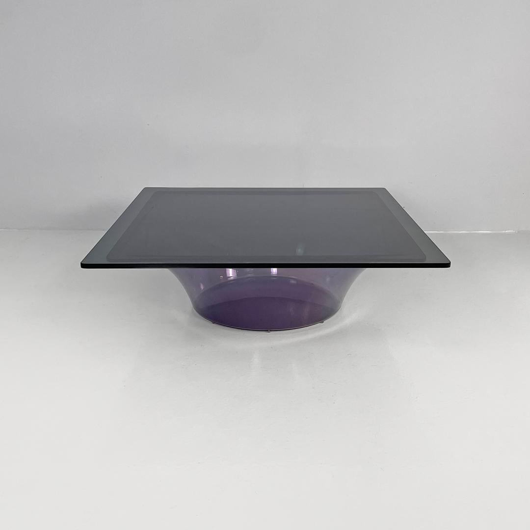 Glass Italian modern coffee table in purple plexiglass and smoked glass, 1970s For Sale