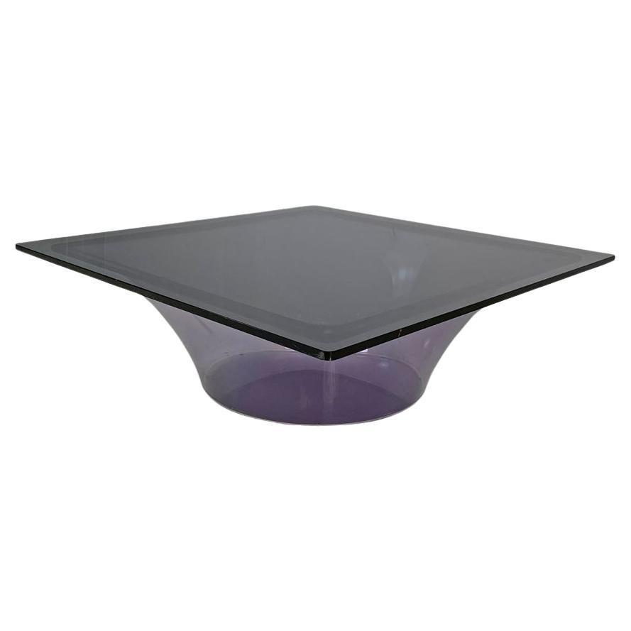 Italian modern coffee table in purple plexiglass and smoked glass, 1970s For Sale