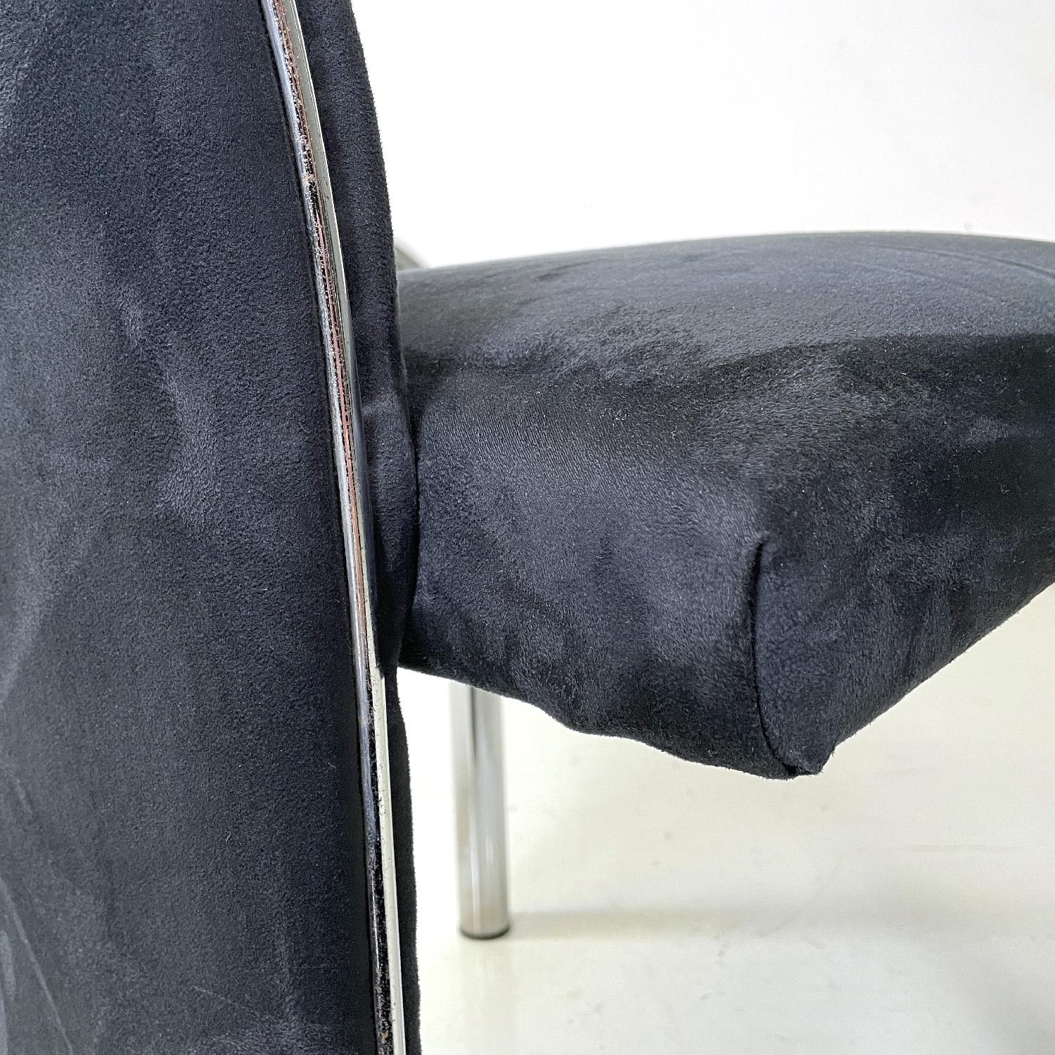 Sedie postmoderne italiane in velluto blu scuro e metallo cromato con braccioli anni '80 in vendita 6